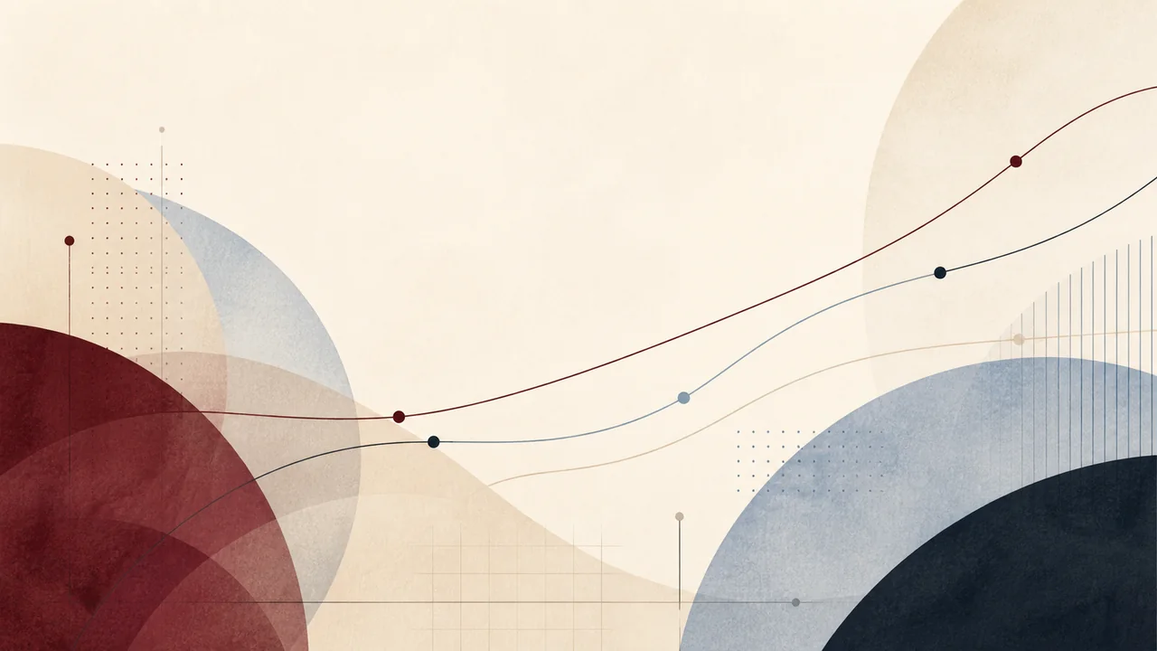 Composición abstracta en burgundy, azul y crema inspirada en indicadores financieros para pymes